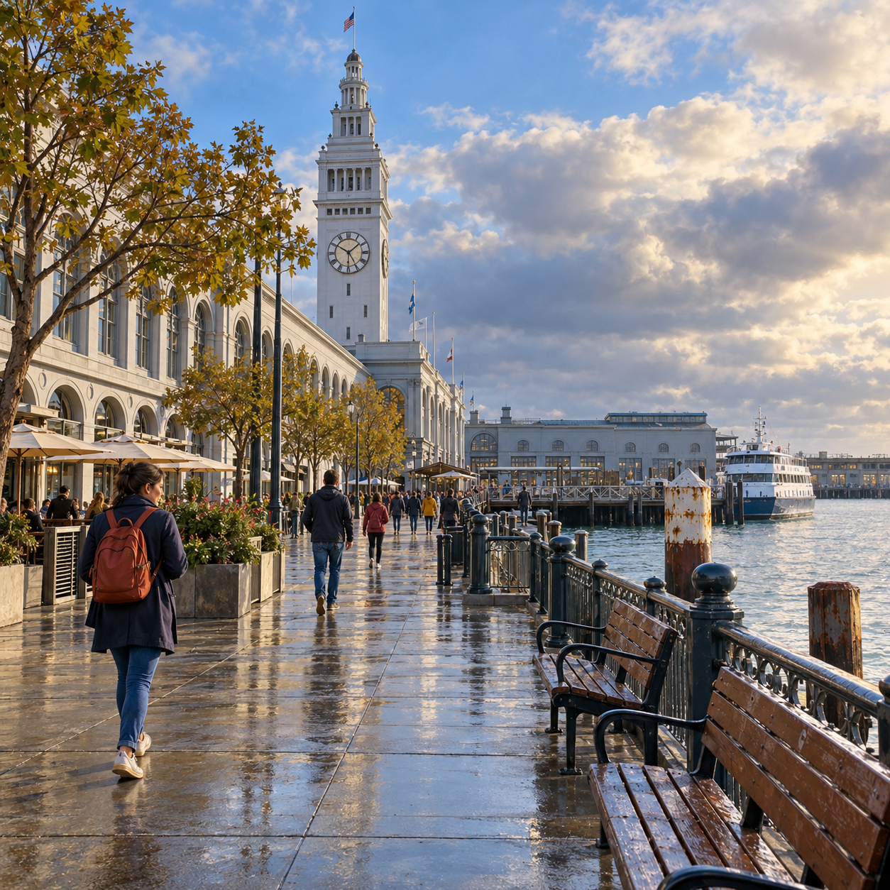 A bay-facing promenade of piers, movement and exposed conversations, anchored by the Ferry Building at the foot of Market Street.
