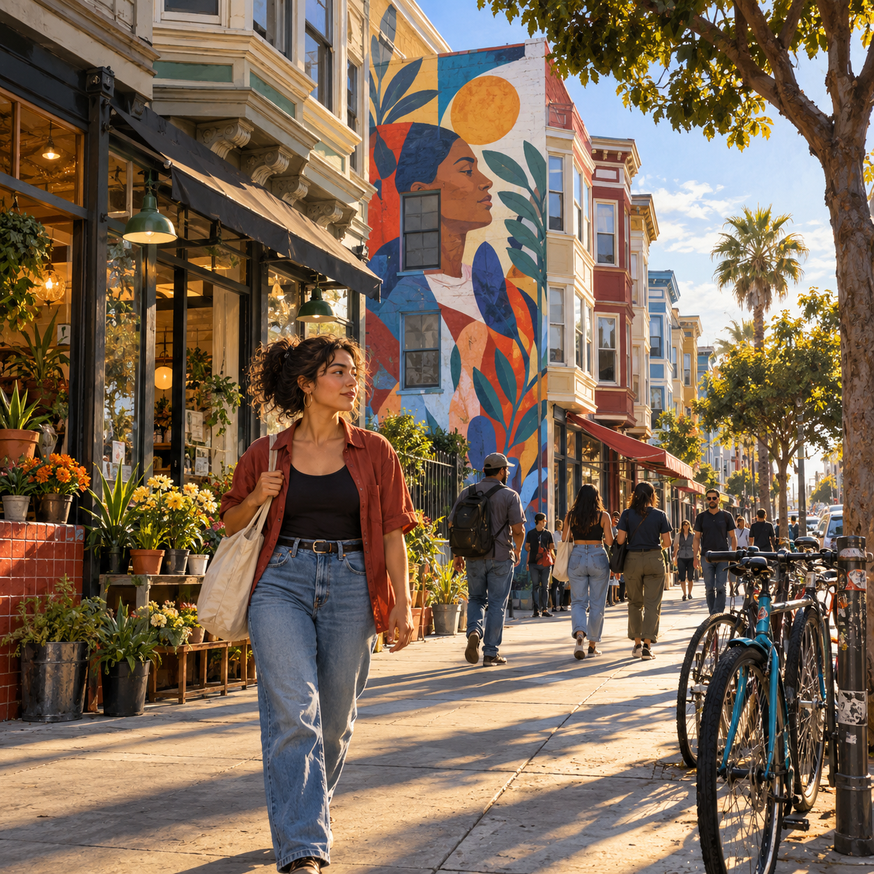 A layered neighbourhood setting of homes, shops, food and public art, where a shared room can carry several competing versions of local memory.