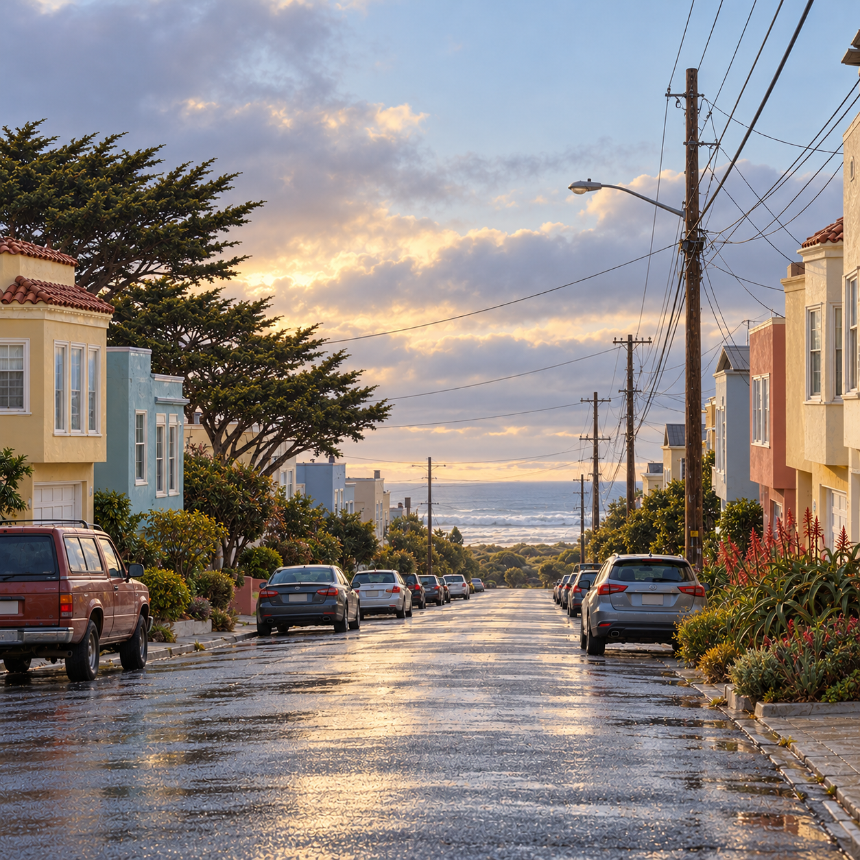 A west-side residential setting of pastel houses, long street views and ocean air, suited to quiet routines interrupted by an unexpected arrival.