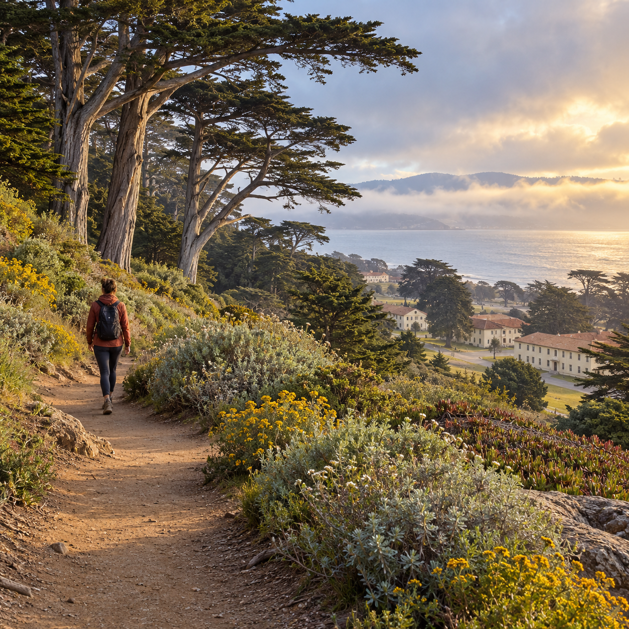 A park landscape where woodland, coastal scrub, former military structures and living histories complicate the idea of untouched nature.