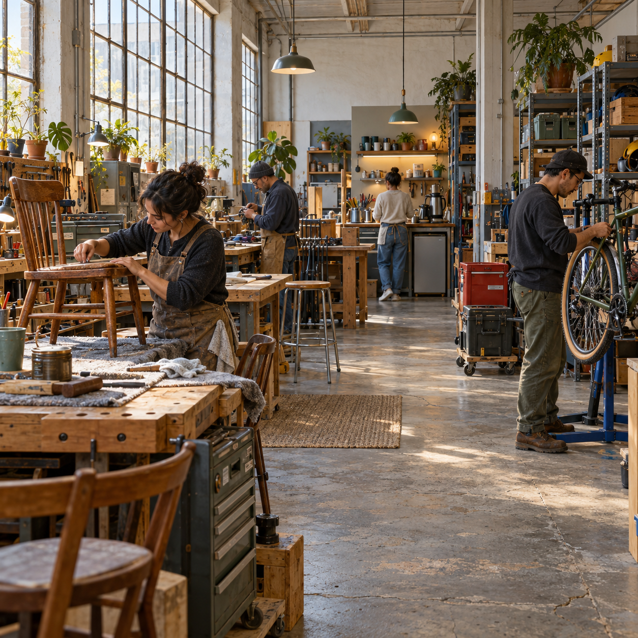 A modest Dogpatch repair workshop where shared tools, unfinished jobs and a kettle make cooperation tangible and difficult.