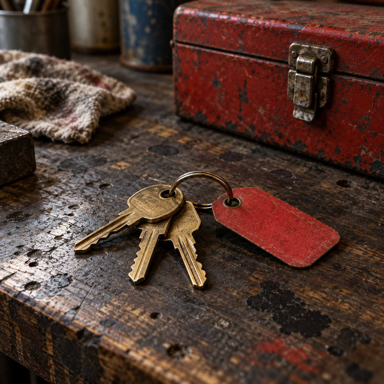 Three worn brass keys embody trusted access to Fogline without conveying ownership of the workshop.
