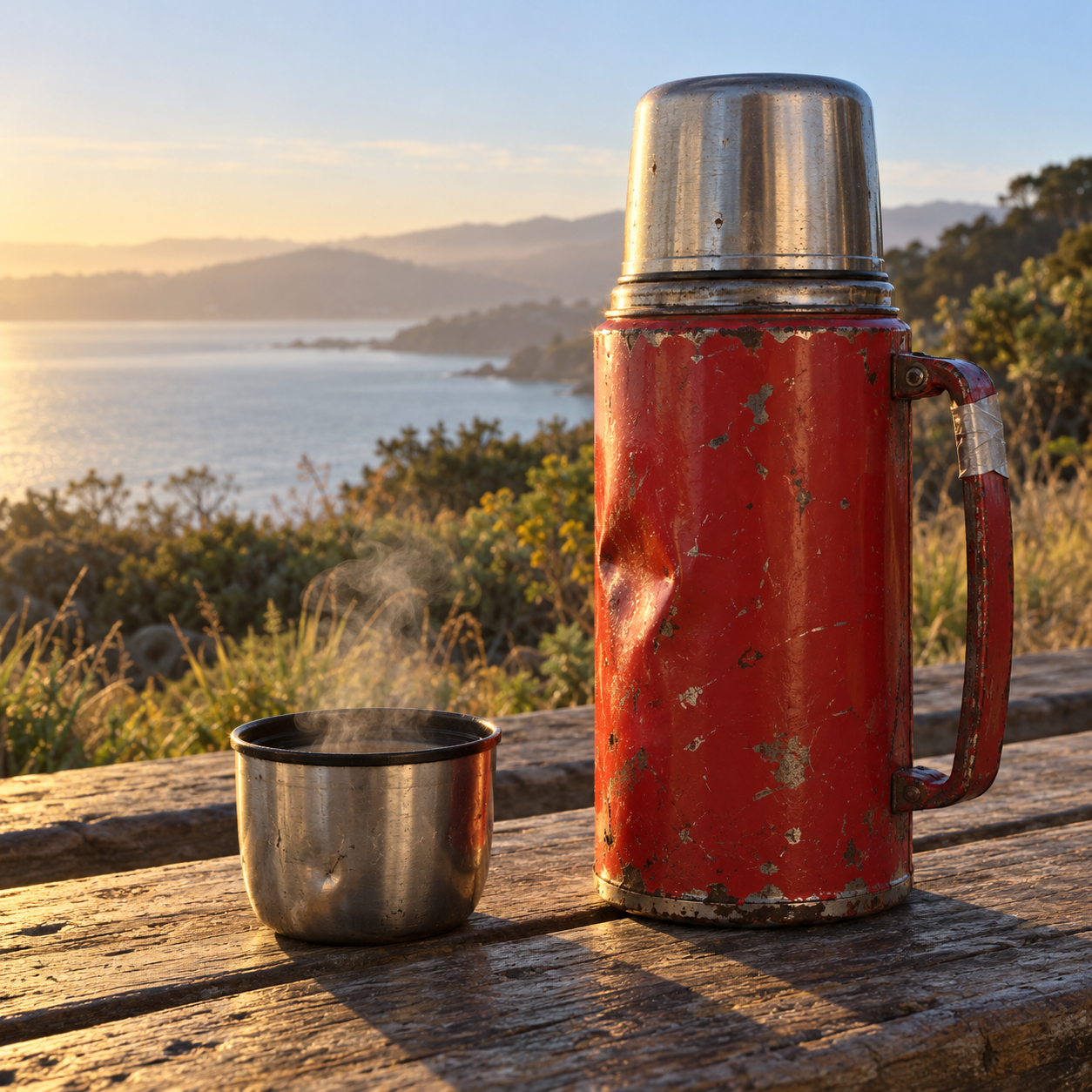 Ruth’s battered red thermos makes care visible through a small ritual of pouring a second cup.
