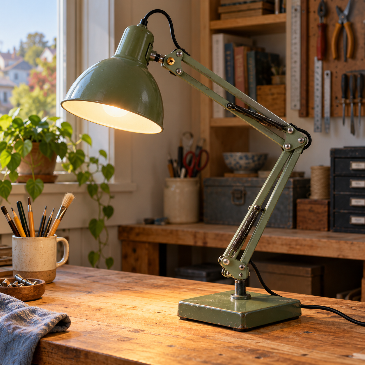 A repaired sage-green work lamp becomes a test of whether a useful object can be maintained by someone other than its designer.