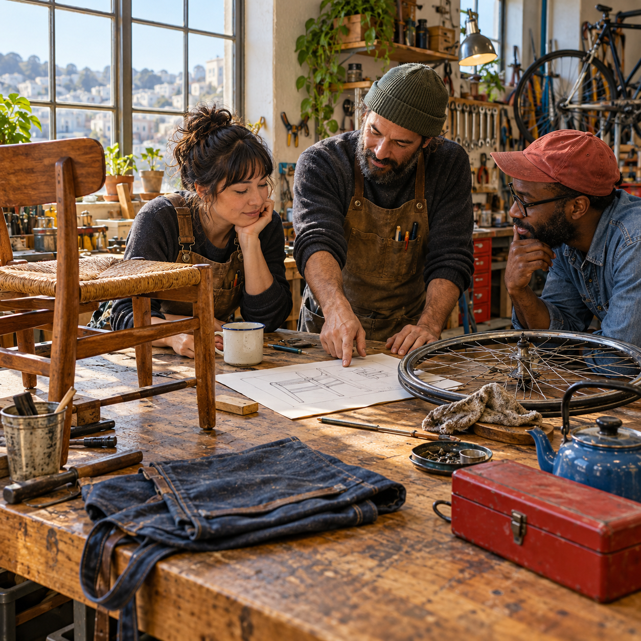 A six-member fictional repair cooperative shares space and overhead while negotiating who does the work that never appears on an invoice.