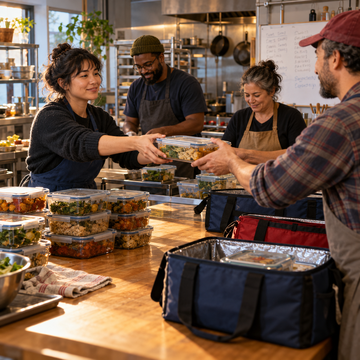 A fictional twelve-person network coordinates small after-hours food handoffs and confronts the hidden costs of informal generosity.