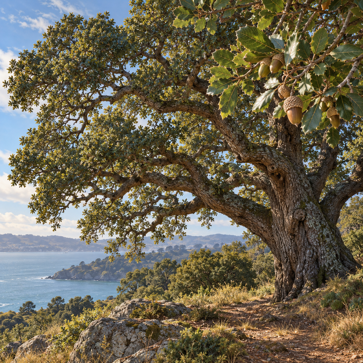 An evergreen coastal oak offers shade, rough texture and a living timescale larger than a character’s immediate problem.