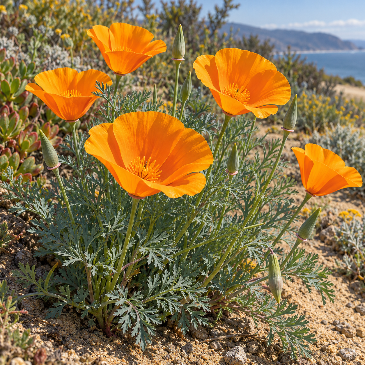 Orange cup-shaped flowers and finely divided blue-green foliage bring a small, changeable point of colour to a coastal scene.
