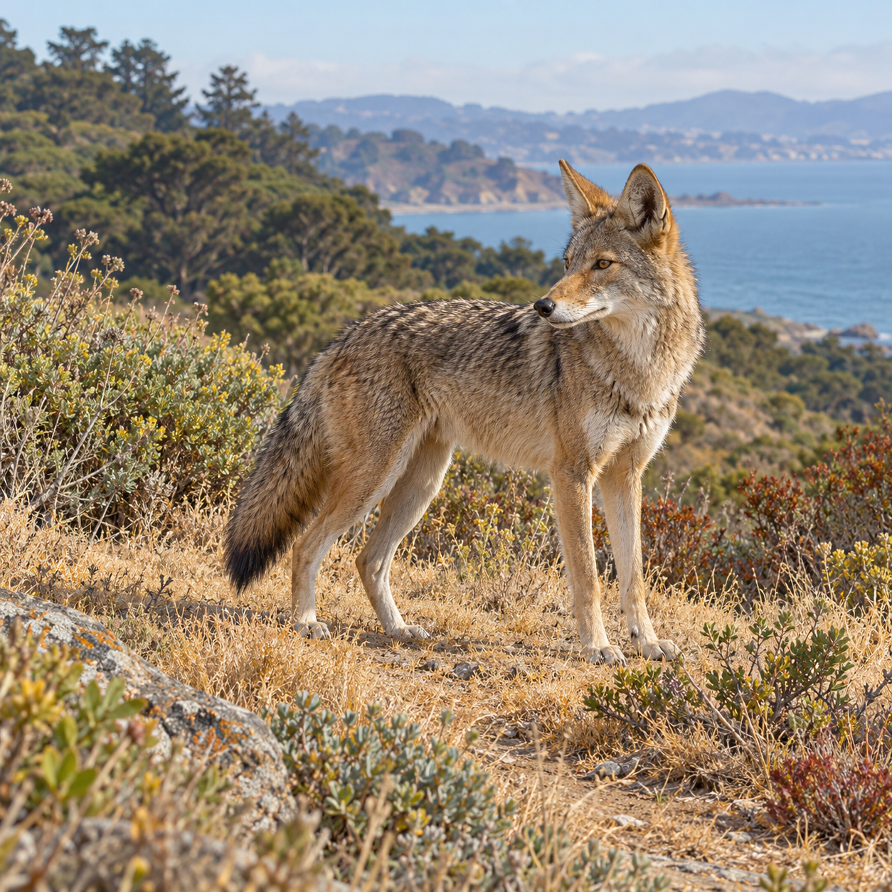 An urban coyote can make a familiar park feel newly shared, without becoming a symbol of either menace or tameness.