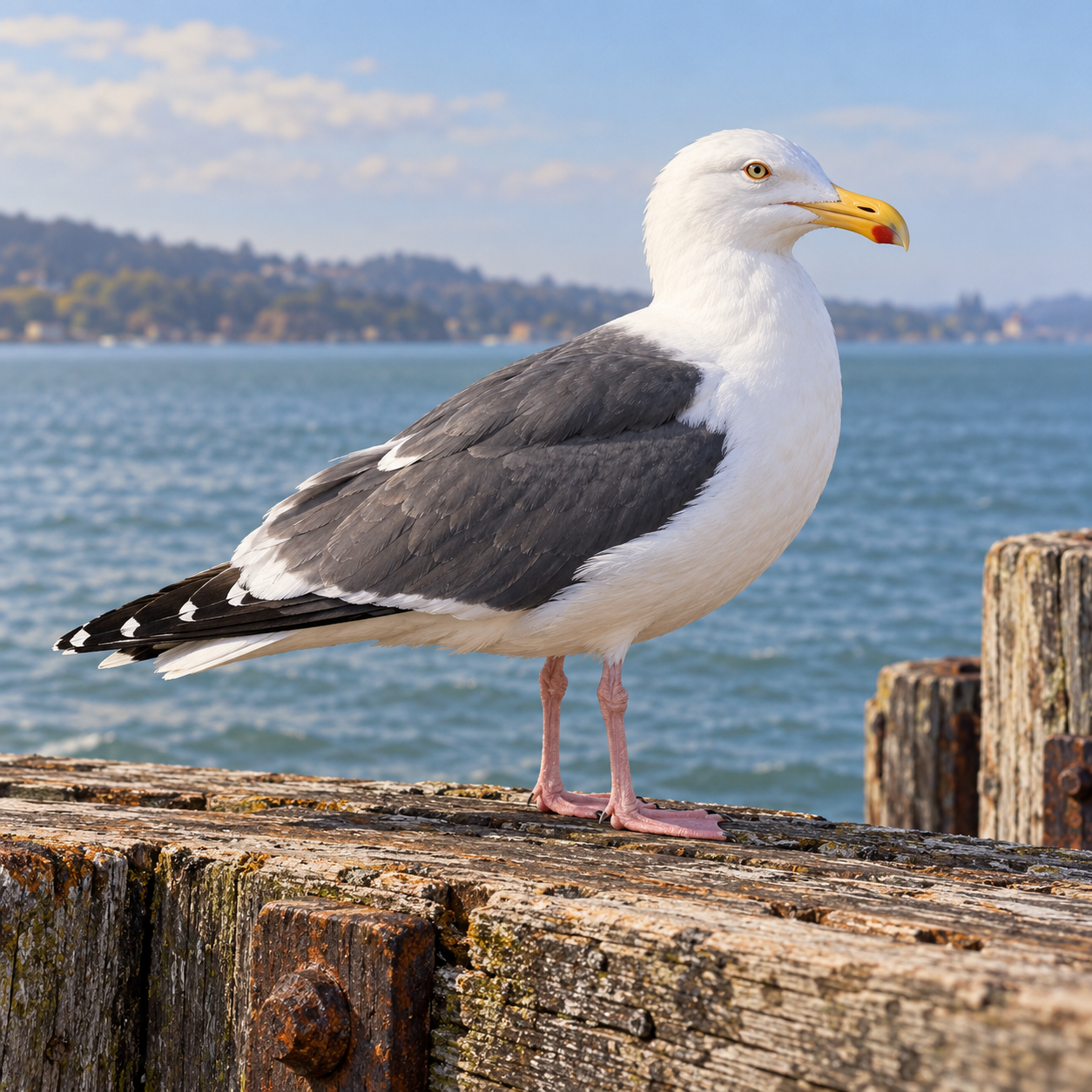 A western gull supplies a recognisable waterfront presence while rewarding attention to species details and ordinary opportunism.
