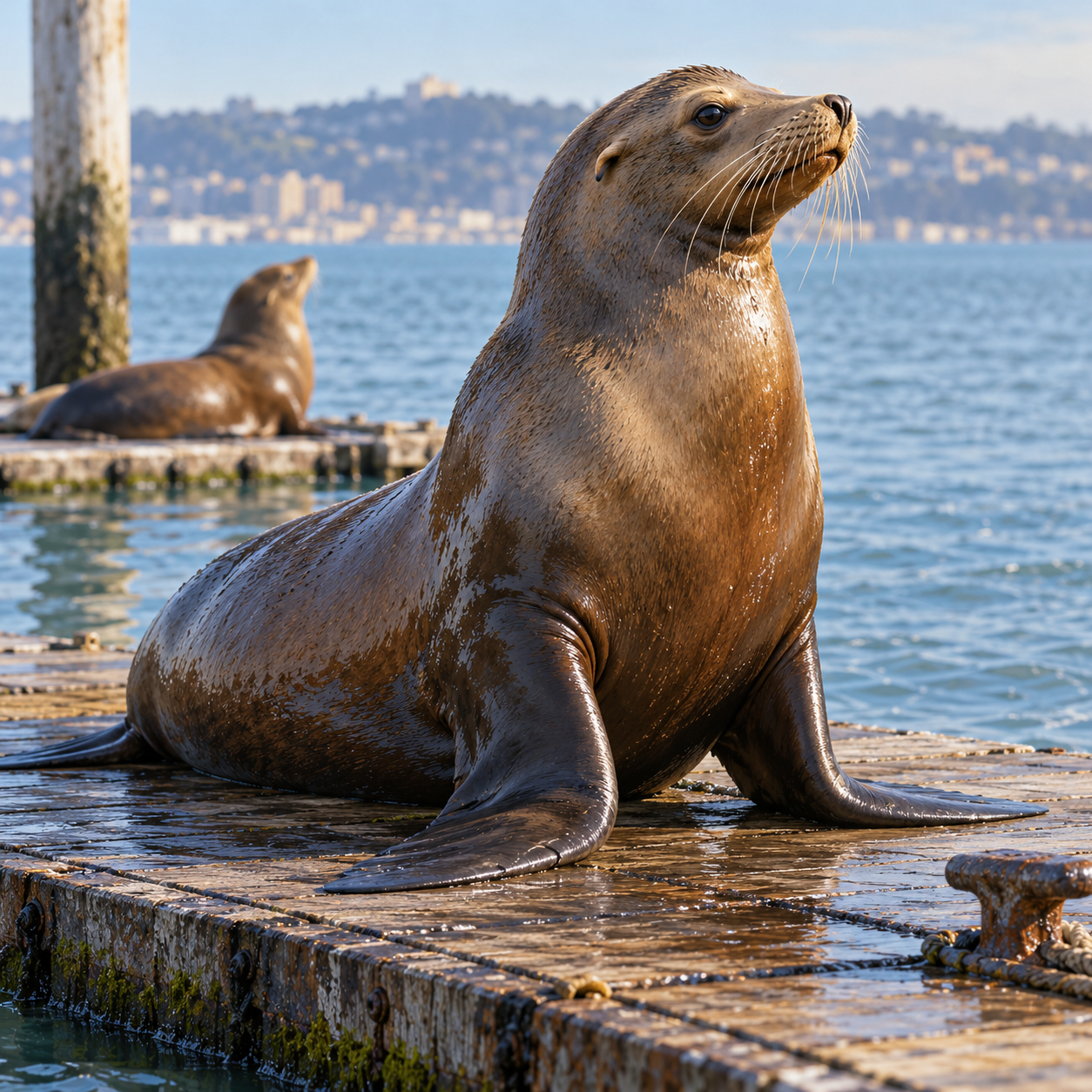 A California sea lion brings bulk, sound and social movement to a bay scene, with ear flaps and foreflippers distinguishing it from a true seal.