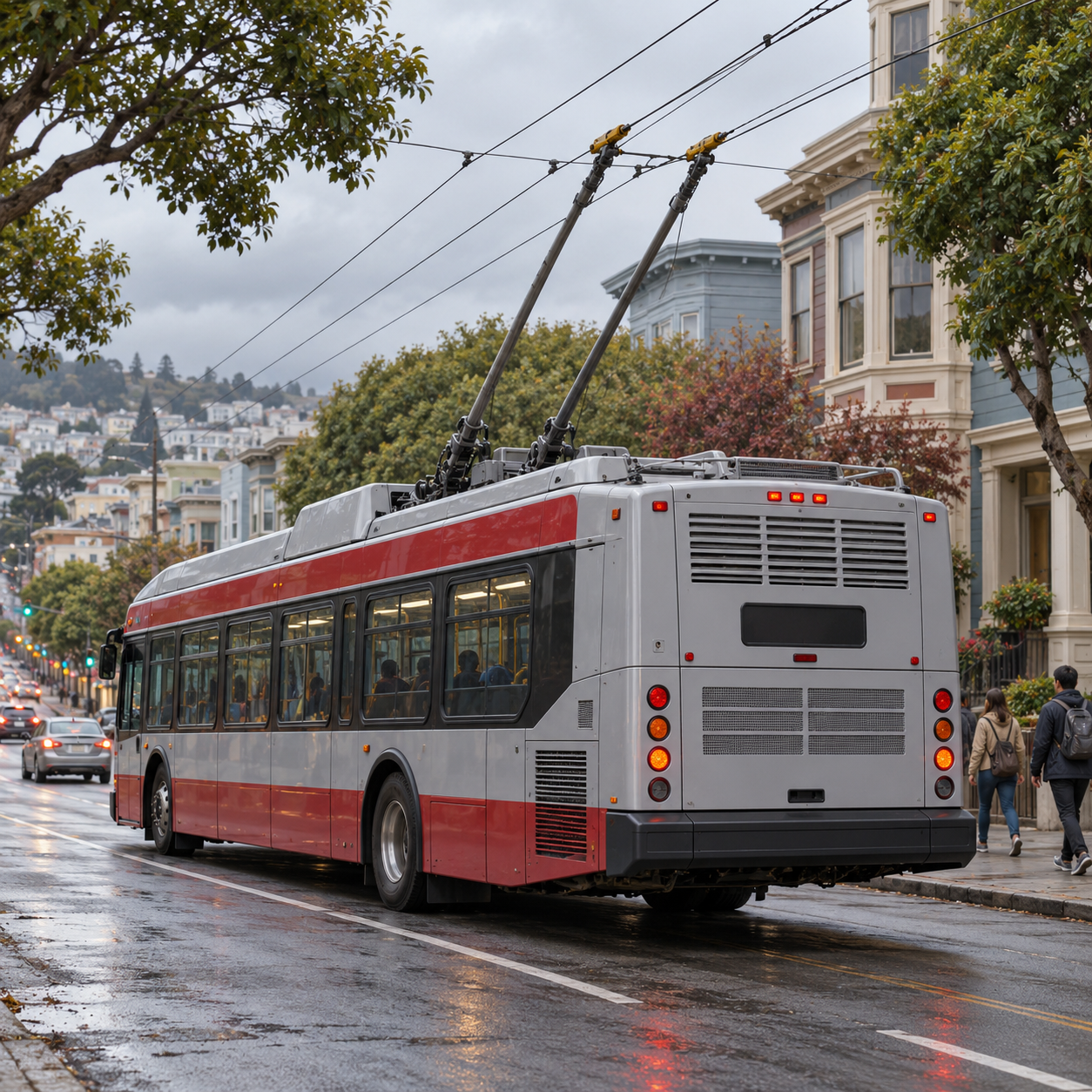Two roof-mounted trolley poles connect a rubber-tyred bus to overhead electrical supply.