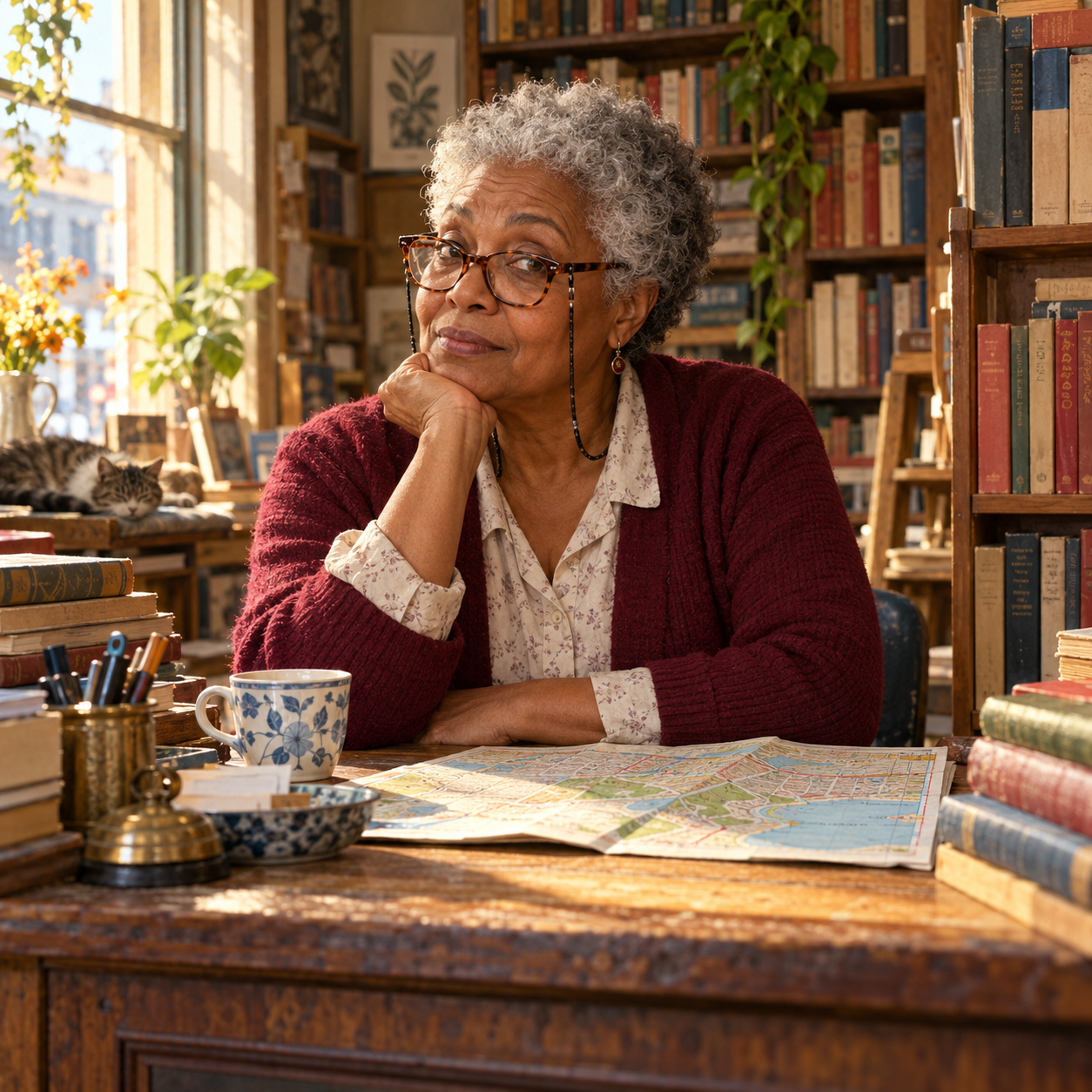 A retired transit scheduler running a small bookshop remembers the city through journeys, and resents being treated as a source who cannot change her mind.
