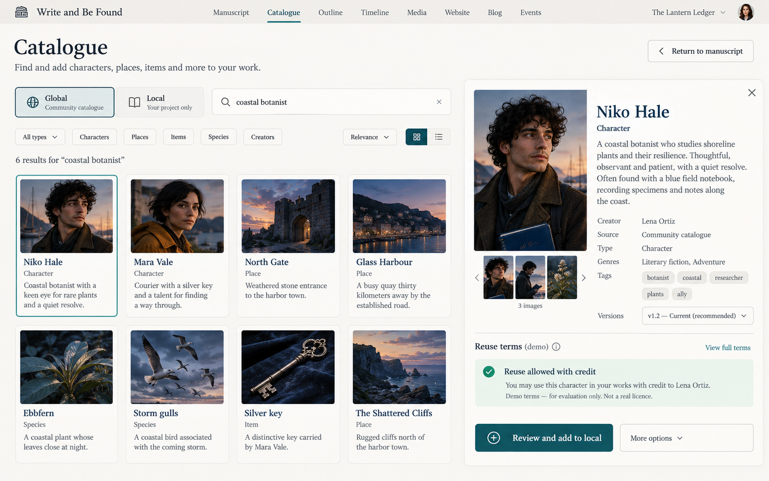 Catalogue and worldbuilding in Write And Be Found