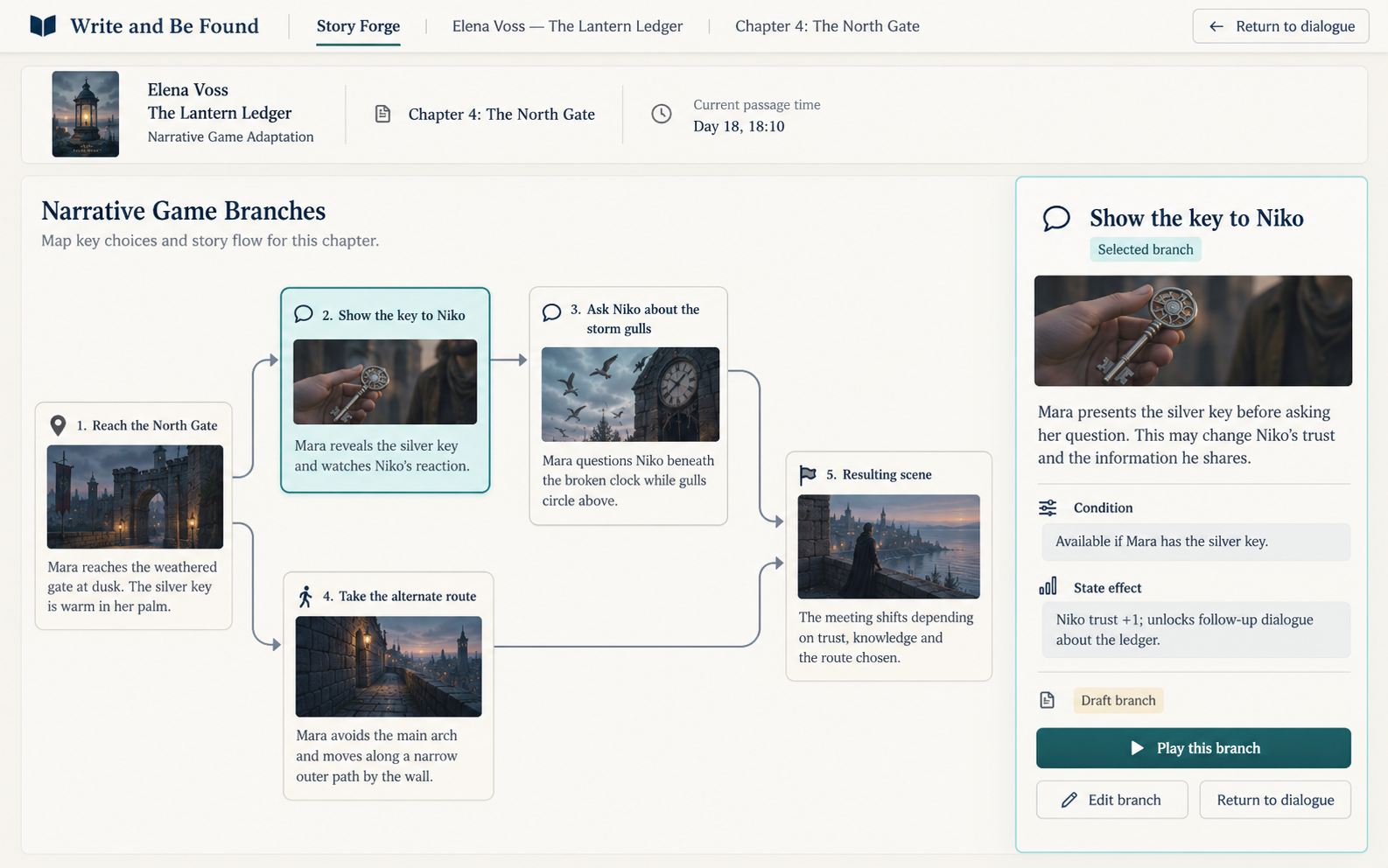 Narrative branches, conditions and effects in Write And Be Found