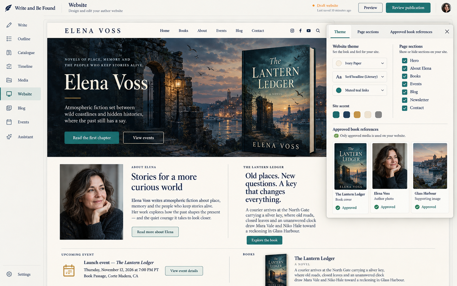 Author website, theme and page sections in Write And Be Found